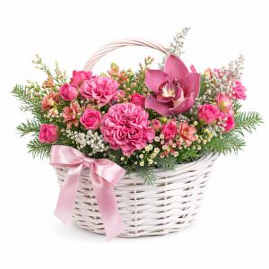 Корзина из живых цветов «Розовый фейерверк»