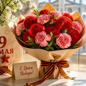 Букет на 9 мая — красные гвоздики и георгиевская лента, в Хабаровске